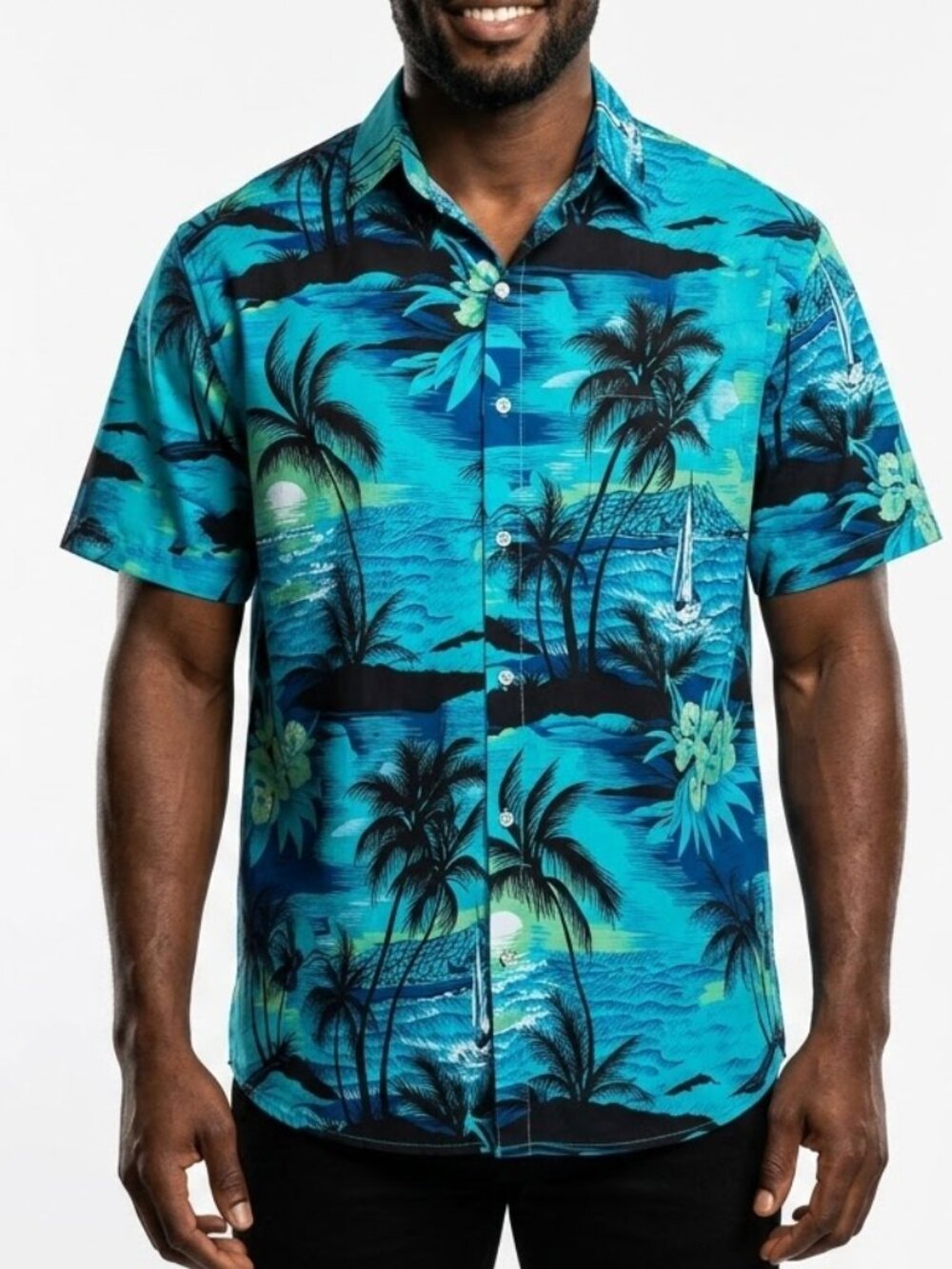 SheLucki Resortwear Hawaiian Shirt Men Size XL Teal Palm Tree Sailboat Aloha